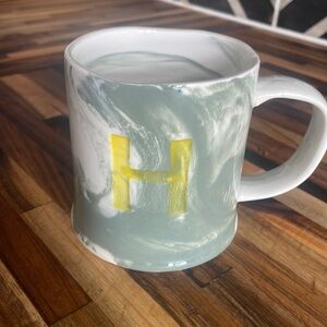Anthropologie Monogram Letter H Marbled Coffee Mug Green White Yellow Heavy NWOT